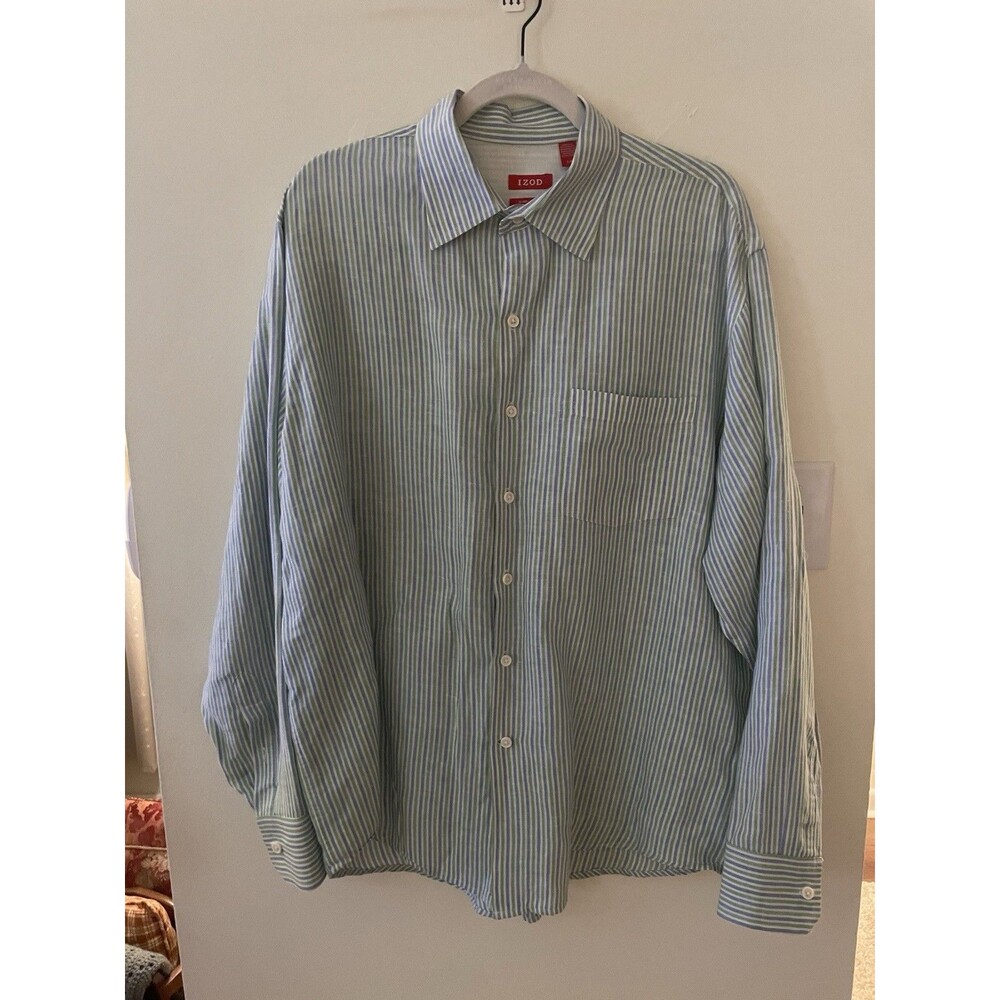 IZOD Green Blue White Striped Linen Cotton Spread Collar Shirt L 32/33